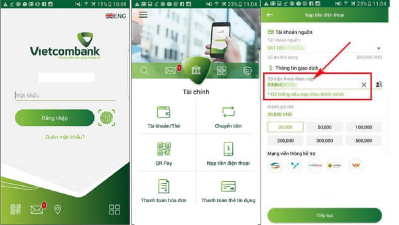 Nạp thẻ điện thoại thông qua Internet Banking tại Vietcombank
